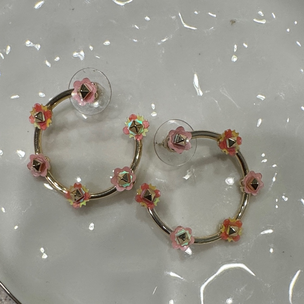 Kendra Scott Gold Hoop Earrings with Pink Floral Accents